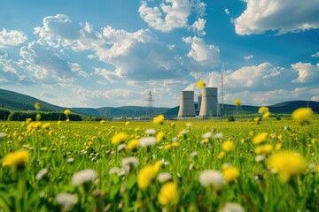 Poster - A field full of bright yellow flowers with a power plant in the background, suitable for use in illustrations about nature, science, or technology