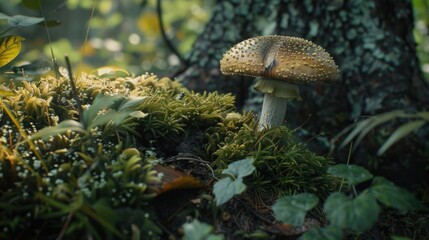 Poster - A single mushroom sits atop a dense and vibrant forest floor