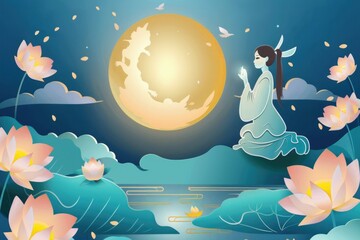 Poster - A woman stands in front of a full moon, dressed in a white robe