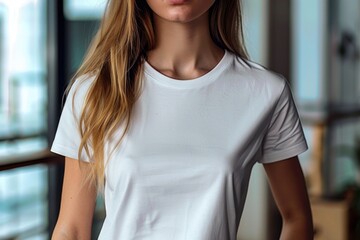 Poster - Portrait of a woman wearing a white t-shirt, ready for a photo shoot