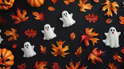 Sticker - Group of white ghostly figurines surrounded by autumn leaves, great for Halloween or spooky atmosphere