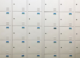 Changing locker on the pool. School lockers with open doors and sports equipment, items and accessories for sports.