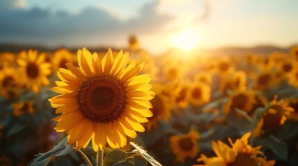 Wall Mural - Beautiful closeup of a sunflower field at sunset with golden light illuminating the bright yellow petals and a deep blue sky in the background