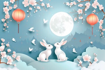 Poster - Two rabbits sit on a hill overlooking the landscape, illuminated by a bright full moon