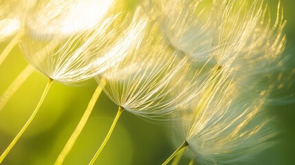 Dandelion seeds, sunlight, macro closeup