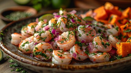 Wall Mural - Beautifully arranged plate of Peruvian ceviche with fresh seafood lime juice onions and cilantro served with sweet potatoes