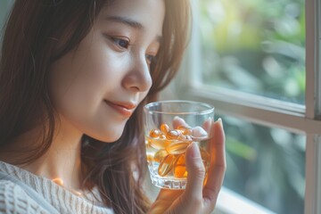 Aufkleber - A woman holds a glass of water and looks out the window, possibly lost in thought