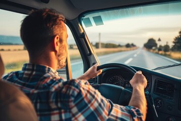 Poster - A man drives a truck down a highway with open road ahead