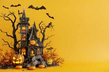 Canvas Print - A spooky Halloween scene featuring a large castle surrounded by pumpkins