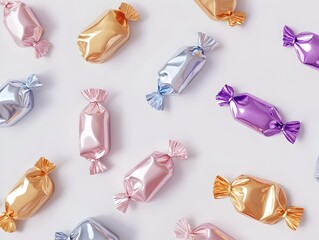 Poster - Assorted Metallic Candy Wrappers in Stylish Flat Design 3D Rendered Image of Various Shaped Foil Candy Wraps on White Backdrop Vibrant and Colorful Pattern