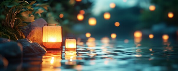 Wall Mural - Tranquil River With Lanterns At Dusk