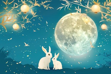 Poster - A pair of rabbits sit together under the light of a full moon