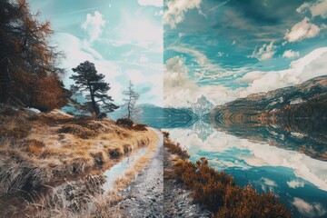 Poster - A dirt road leading along the edge of a body of water, with vegetation and possibly a sunset in the background