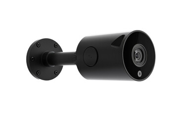 A sleek black outdoor security camera is securely mounted on a wall, providing enhanced safety features for residential surveillance and monitoring.