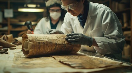Poster - Two scientists in lab coats examining and modifying a piece of wood in a laboratory setting