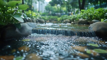 Canvas Print - Peaceful park landscape with serene stream and lush greenery.