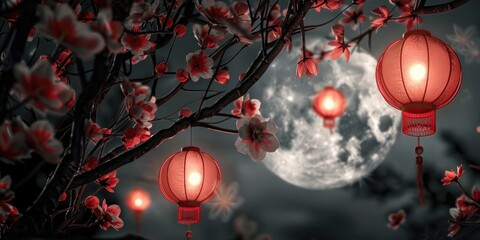 Aufkleber - A serene scene with two red lanterns hanging from a tree under a bright full moon