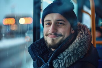 Aufkleber - A person wearing a black jacket and hat sits on a bus, ready to start their journey