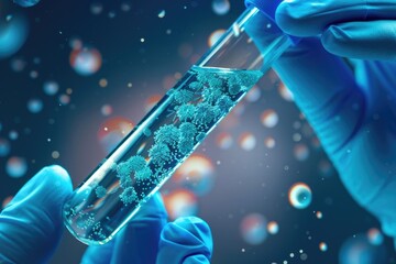 Poster - A person wearing blue gloves holds a tube filled with transparent liquid
