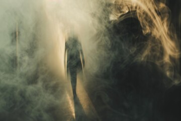 Aufkleber - A person walking alone in a foggy tunnel with misty atmosphere