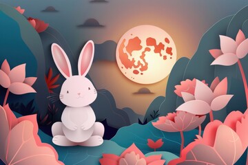 Poster - A rabbit sits amidst a colorful field of flowers, perfect for nature-inspired designs and illustrations
