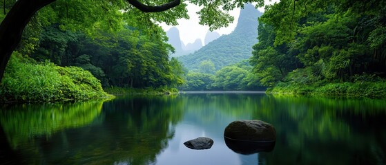 Canvas Print - Tranquil Tropical River Scene with Lush Greenery and Bridge in Background.