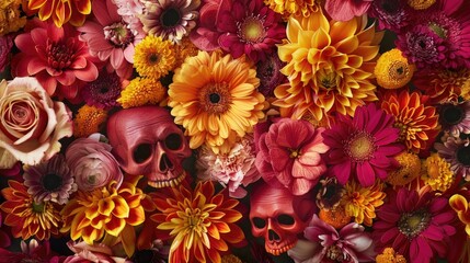 Canvas Print - A bouquet of colorful flowers with a skull in the center, ideal for use in illustrations about life and death, or as a symbol for remembrance