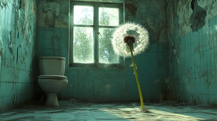 Sticker - Forgotten Bathroom: A Dandelion Blooms in the Ruins