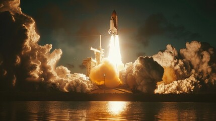 Poster - A space shuttle lifting off into the sky, with flames and smoke visible