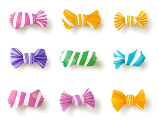 Poster - Beautifully designed flat showcasing a collection of vibrant striped candy wrappers in a variety of bold  playful colors against a clean white backdrop  This modern