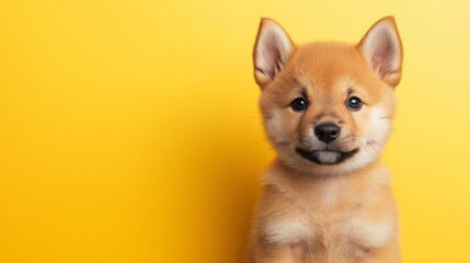 Wall Mural - Small brown dog is standing in front of a yellow wall. The dog is looking at the camera with a smile on its face. A cute Shiba Inu puppy head tilted to the right, plain pastel yellow background