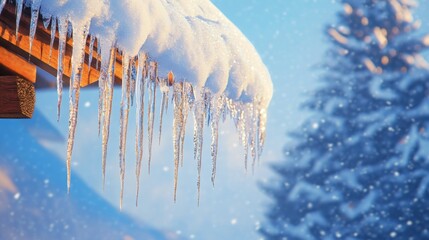 Wall Mural - Icicles Hanging From a Snowy Roof in a Winter Landscape