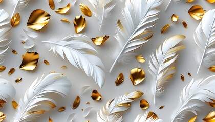 Wall Mural - Elegant seamless pattern of 3D white feathers intertwined with golden petals on a soft white background