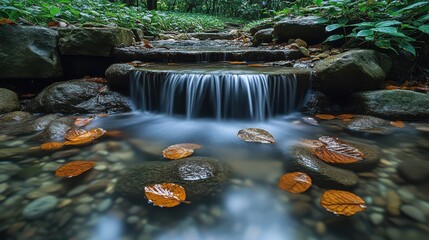 Wall Mural - Serene Forest Waterfall Retreat with Wooden Bench