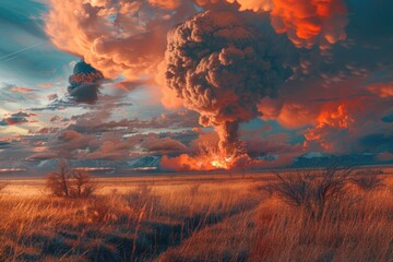 Aufkleber - Large plume of smoke rises from a field, possibly indicating a fire or agricultural burning