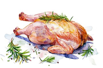 Aufkleber - A watercolor illustration of a chicken sitting on a table, simple and colorful