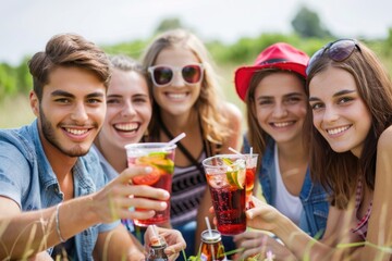 Wall Mural - A group of friends laughing and having fun while drinking together, perfect for social media, party or friend gathering