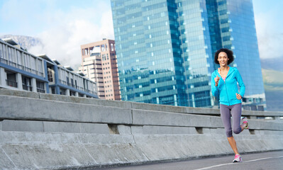 Canvas Print - Fitness, bridge and woman running in morning in city for race, marathon or endurance training in road. Sports, health and athlete with cardio workout or exercise for outdoor challenge in urban town.