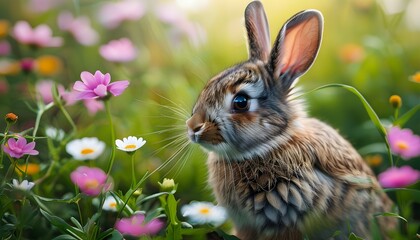 Charming rabbit amidst a vibrant spring blossom field