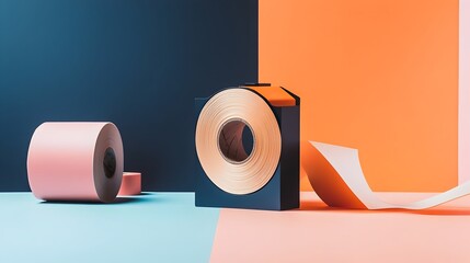 Poster - Boldly Colored Tape Dispenser in Minimalist Desk Setup with Soft Focus