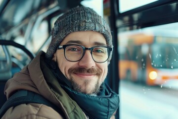 Poster - A person wearing glasses and a beanie sits on a public bus, going about their daily commute