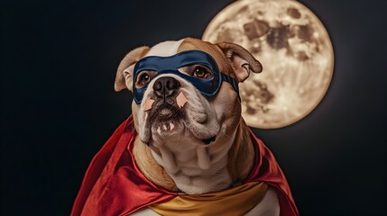 Brave Bulldog Superhero Guarding the Peaceful Night Under the Full Moon   Playful and Heroic Canine Protector in Superhero Costume Ready for Action