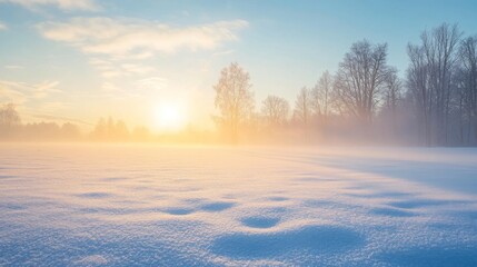 Wall Mural - A Misty Sunrise Over a Snow-Covered Field With Silhouetted Trees