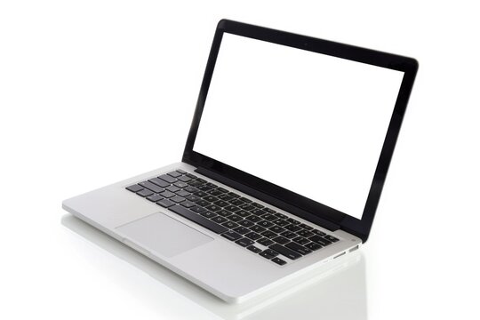 A laptop computer with a blank screen on a white surface, perfect for digital art or graphic design concepts
