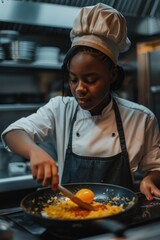 Wall Mural - A woman wearing a chef's hat cooks in a pan, perfect for food or lifestyle imagery