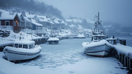 Wall Mural - Snow-Covered Boats Docked in a Frosty Harbor