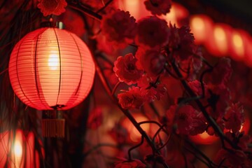 Poster - A close-up view of a bright red lantern suspended from a tree branch