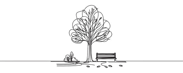 autumn tree concept with flying leaves, autumn coziness. continuous line drawing design graphic vect
