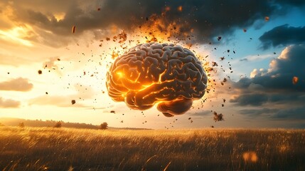 Poster - Captivating 3D depicting a human brain cloaked in a resplendent explosion of natural beauty suspended over a serene sun drenched field