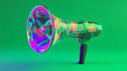 Poster - Captivating 3D digital showcasing a megaphone covered in vibrant holographic projections and set against a striking green background conveying a dynamic and innovative concept for technology